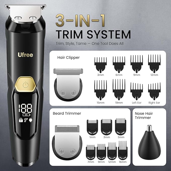 Ufree 3-in-1 Beard Trimmer for Men, IPX6 Waterproof Electric Razor Shaver, Hair Mustache Body Nose Trimmer, Type-C Clippers Husband Father boy Grooming Kit, Birthday Gifts for Men Dad