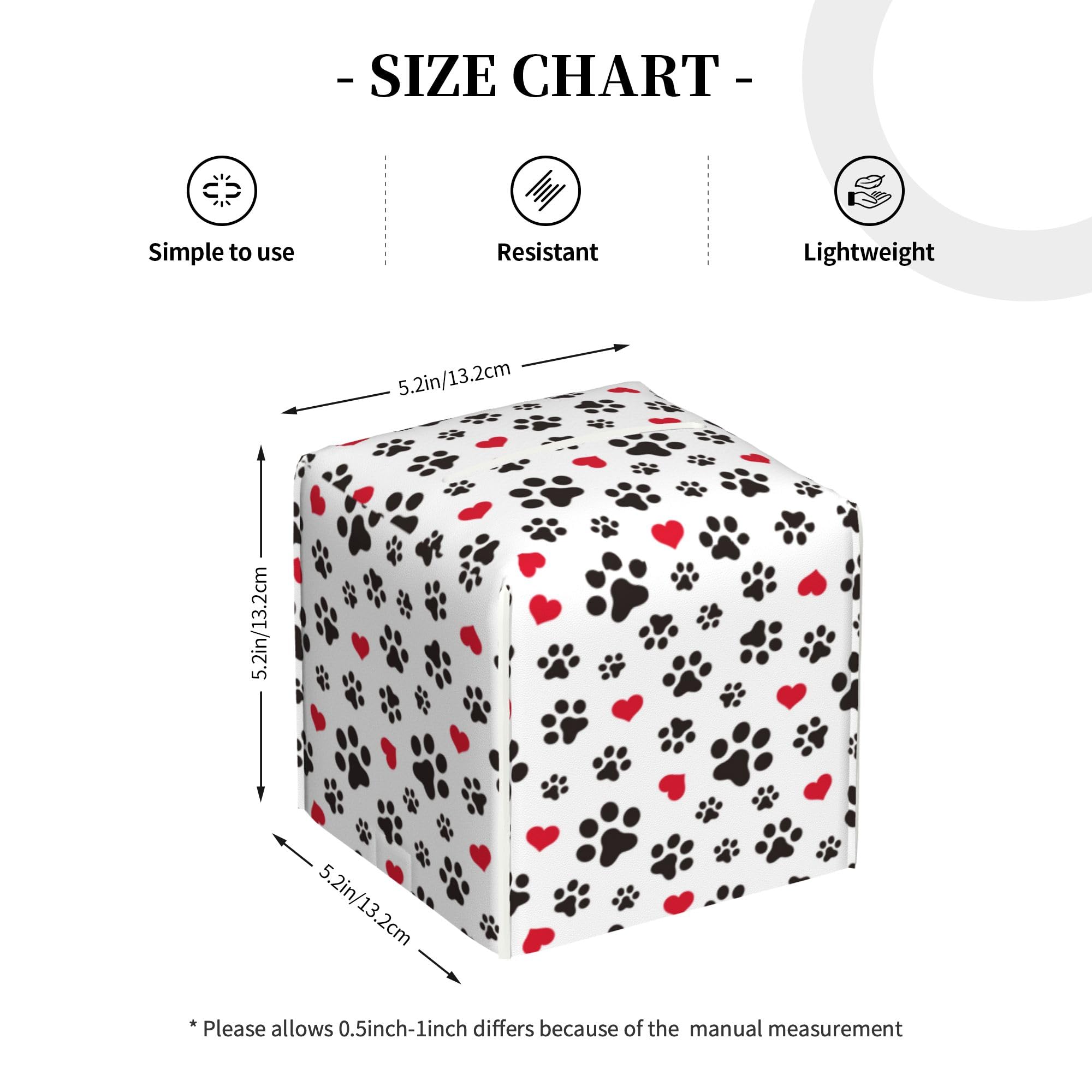 Dog Paw Cat Paw Heart Love Tissue Box Cover Square, Animal Puppy Footprints Tissue Box Holder Waterproof Leather Facial Paper Organizer Dispenser for Bathroom Home Car Nightstand Vanity Desk