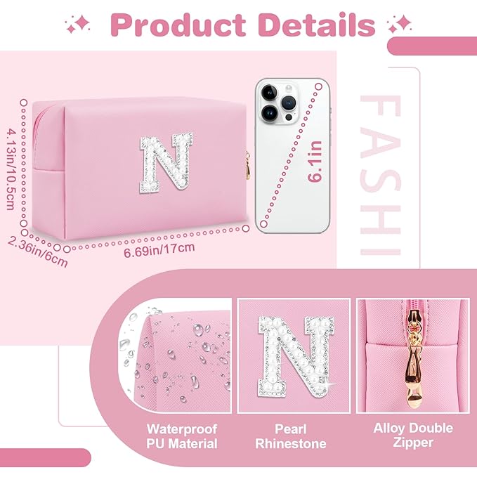 ChaoGreat Bride Gifts – Personalized Initial Makeup Bag with Pearl Rhinestone Patch, Preppy Pink Monogram Cosmetic/Toiletry Pouch, bridesmaid Gifts, Bridal Shower Gifts, Wedding Gifts, Bridal Gifts,N