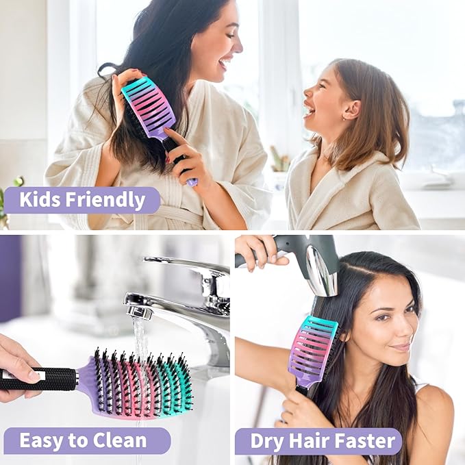 Boar Bristle Hair Brush Set of 2, HIPPIH Wet & Dry Hair Brushes Made by Fine Natural Boar Hair Can Adds Shine and Smoothing, Detangling Hairbrush for Women, Men & Kids' Long Curly Thick Hair