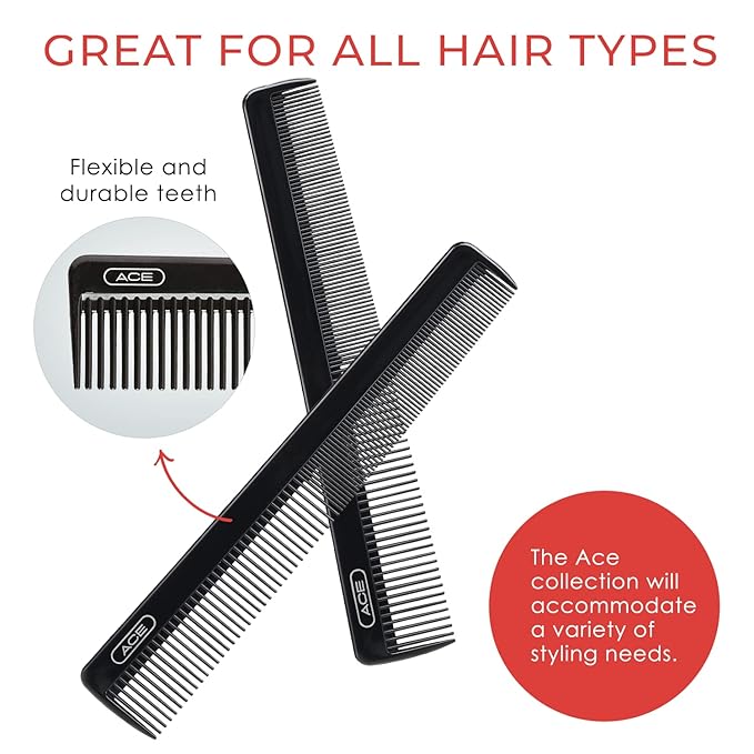 GOODY ACE ACE All Purpose Hair Comb - 7 Inch, Black - Great for All Hair Types - Fine Comb Teeth for Thin to Medium-hair,61286, 1 Count (Pack of 3)
