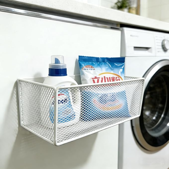 Magnetic Basket Organizer Holder for Fridge，Magnetic Shelf for Washing Machine， Magnetic Mesh Basket, White Rectangular Steel Shelf Organizer, 10.43 x 4.92 x 3.15 Inches (White, 1 pack)