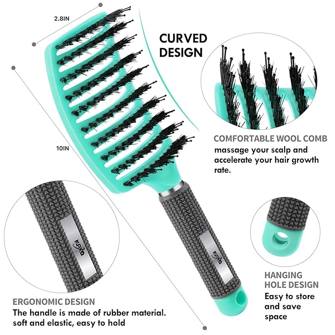 4pcs Curly Hair Brush Set for Adult & Kids Wet or Dry, Detangling & Wide Tooth Comb with Hair Detangler (4, Green)