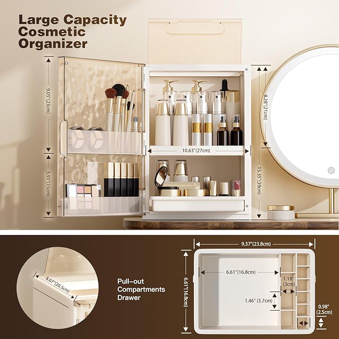 AERCIINC Makeup Organizer with Drawers and Lid, Large Skincare Organizer for Vanity, Dustproof Cosmetic Organizer and Makeup Storage Box with Brush Holder for Dresser, Bathroom Countertop