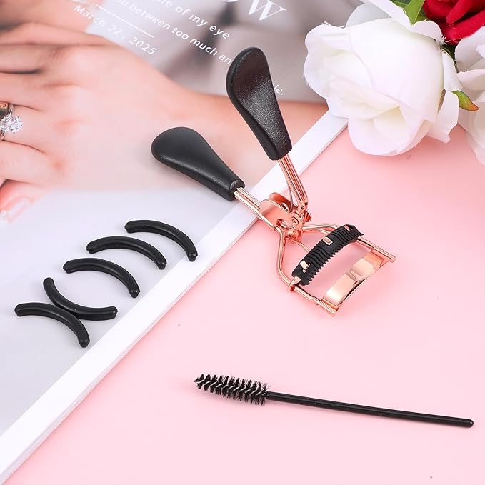 Eyelash Curler Kit Metal Eye Lashes Curler，Professional Makeup Tool with Built-in Comb Eye with 10 Replacement Refill Pads Get Dramatically Curled Eyelashes for Women Girl (Rose Gold)