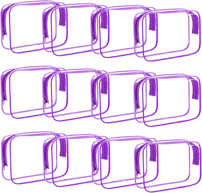 YOQIVEXU 12 Pack Clear Makeup Bag, TSA Approved Toiletry Bag Zippered Clear Cosmetic Pouch, Waterproof Vinyl Plastic Organizer Case for Travel Vacation Bathroom (Purple)