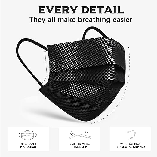 Wecolor 120PCS Black Masks, Disposable Face Mask, 3 Ply Protection Masks