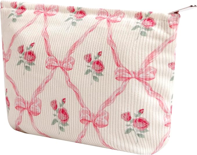 Gardsell Cosmetic Bags for Women - Corduroy Cosmetic Bag Aesthetic Women Handbags Purses Smile Dots Makeup Organizer Storage Makeup Bag Girls Case Bags (Flowers-Bow)