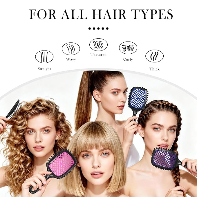 Detangler Brush – 2 Pack Vented Hair Brush for Wet/Dry Hair – Easy, Pain-Free Detangler Brush Reduces Knots & Breakage – For Curly, Straight, Thick or Fine Hair – Women, Men & Kids (Pink+Purple)