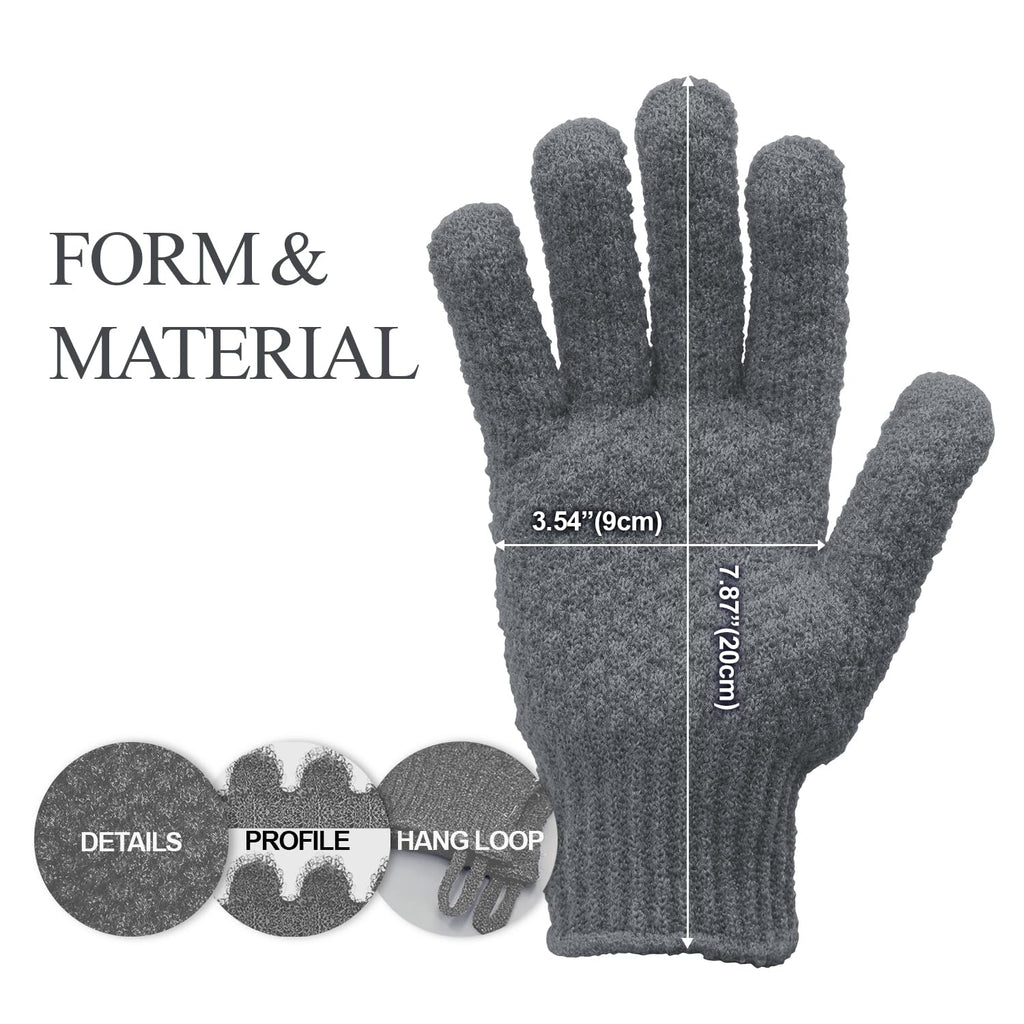 Evridwear Exfoliating Dual Texture Bath Gloves for Shower, Spa, Massage and Body Scrubs, Dead Skin Cell Remover, Gloves with Hanging Loop (1 Pair Gray Heavy Glove)