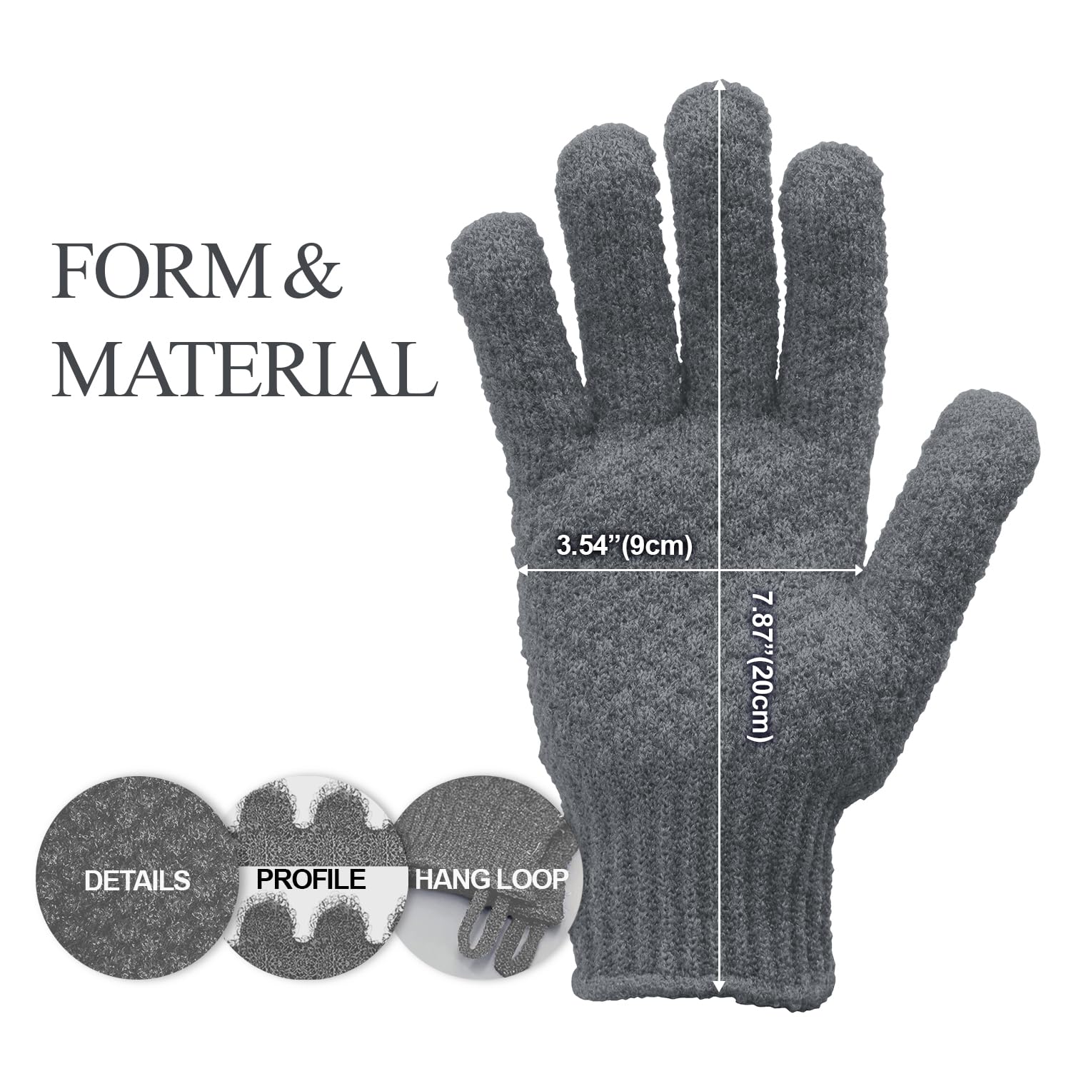 Evridwear Exfoliating Dual Texture Bath Gloves for Shower, Spa, Massage and Body Scrubs, Dead Skin Cell Remover, Gloves with Hanging Loop (1 Pair Gray Heavy Glove)