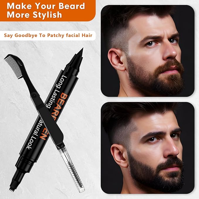 3-Pack Beard Pen Filler for Men, Waterproof & Sweat Proof Long-Lasting Beard Pen Kit with 2 Fillers & 1 Double-Headed Brush – Effectively Enhances Facial Hair (Black)