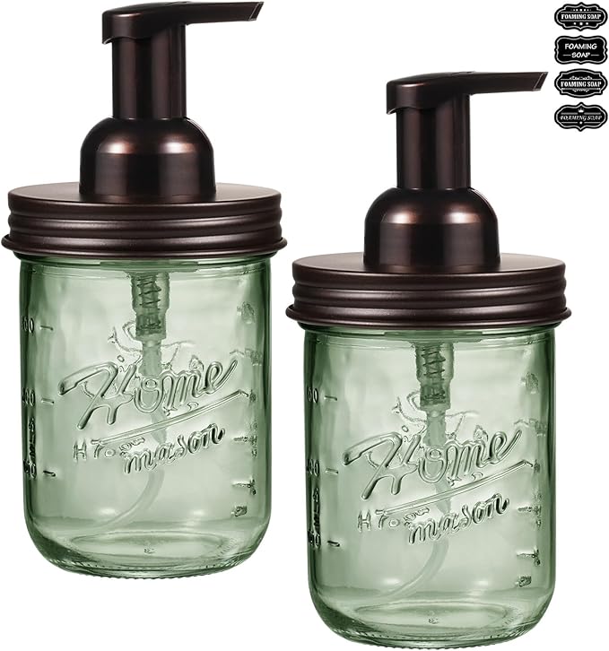 SheeChung Mason Jar Foaming Soap Dispenser, Stainless Steel Lid, BPA Free Pump, Green Glass Foam Hand Soap Dispenser, 16 Oz Refillable Liquid Foam Dispenser Bottle for Bathroom Kitchen-Bronze, 2 Pack