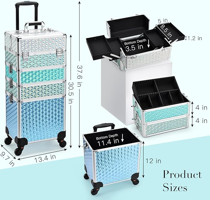 Adazzo Professional Rolling Makeup Train Case 4 in 1 Aluminum Trolley Case with 360° Rotation Wheels for Makuep Artist Cosmetic Suitcase Organizer with Lock and Key Diamond Pattern - Turquoise