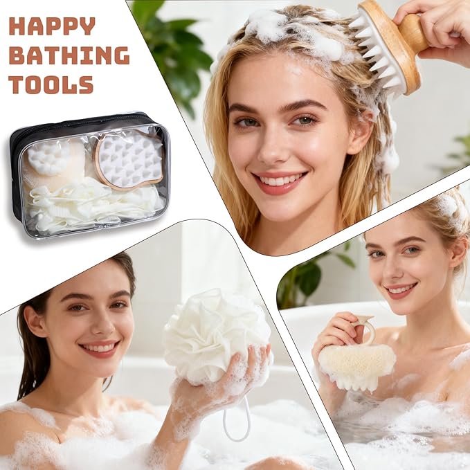 NVTED Bath Tools Set, 5 PCS Loofah Washcloth Combo 2-in-1, Suction Cup Bath Ball，Silicone Body Bath Brush with Waterproof Cosmetic Bag, for Body Wash and Smooth Skin