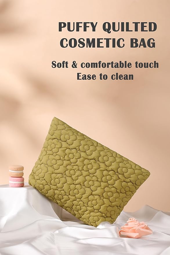 HFLZBRO Puffy Quilted Makeup Bag for Women, Cosmetic Bag, Travel Toiletry Organizer Pouch Clutch (Green Flowers)