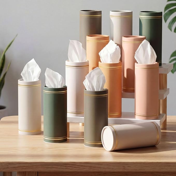 Fourluoo 12 Pack Car Tissue Cylinder Holder Bulk with 3 Ply Facial Tissues, Round Napkin Holders for Cup Holder Cylinder Travel Paper Tubes Bulk Round Napkin Boxes Packs(Morandi)