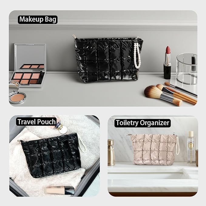 Beayuva Puffer Quilted Makeup Bag Travel Cosmetic Bag Portable Puffy Checkered Toiletry Pouch Skincare Organizer Purse Pencil Case (Black)