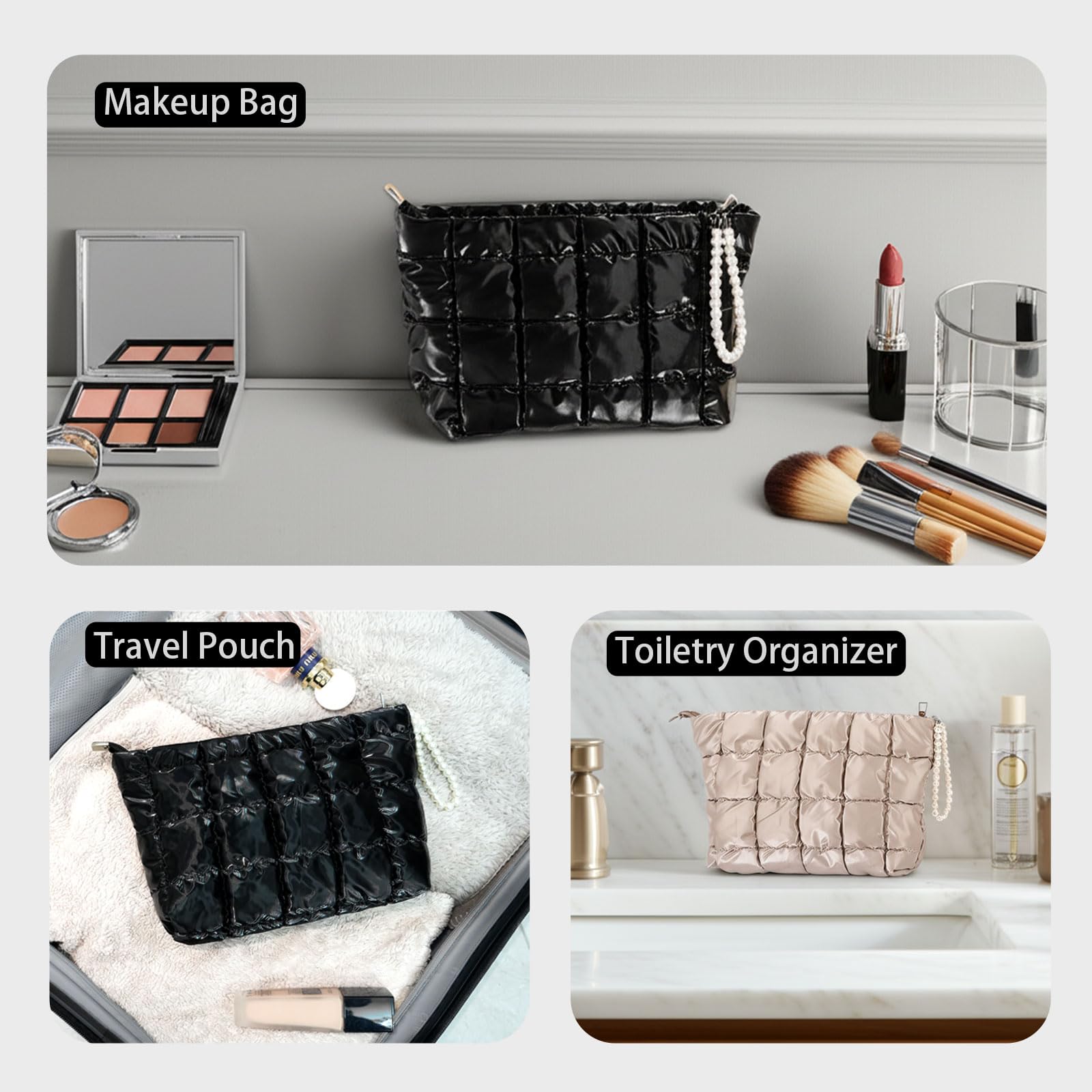 Beayuva Puffer Quilted Makeup Bag Travel Cosmetic Bag Portable Puffy Checkered Toiletry Pouch Skincare Organizer Purse Pencil Case (Black)