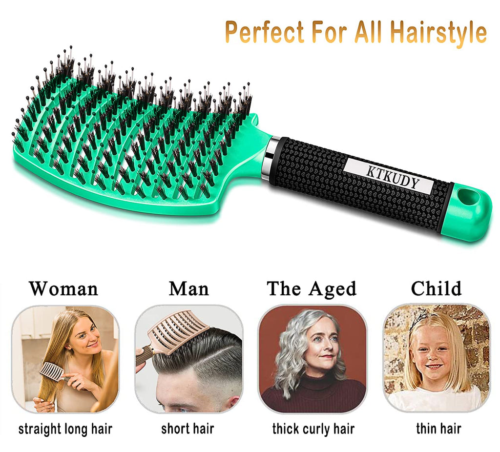 KTKUDY Detangling Brush Getting Knots Out without Pain - Boar Bristles HairBrush Make Hair Shiny & Healthier Vented Detangler Brush for Women Men Kids Wet and Dry Hair (Yellow & Green)