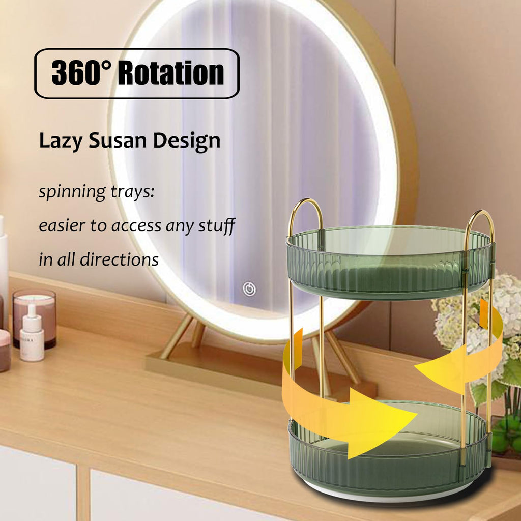 Zufudo Rotating Makeup Organizer Countertop 2 Tier Lazy Susan Trays Clear Skincare Perfume Storage for Bathroom Counter Vanity, Green Gold