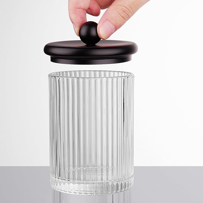 SheeChung 1Pack Glass Qtip Holder - Apothecary Jar Bathroom Organizer with Metal Lid - Small Vanity Canister for Cotton Swabs, Rounds, Floss Picks - Bathroom Glass Jar（Bronze Ribbed）