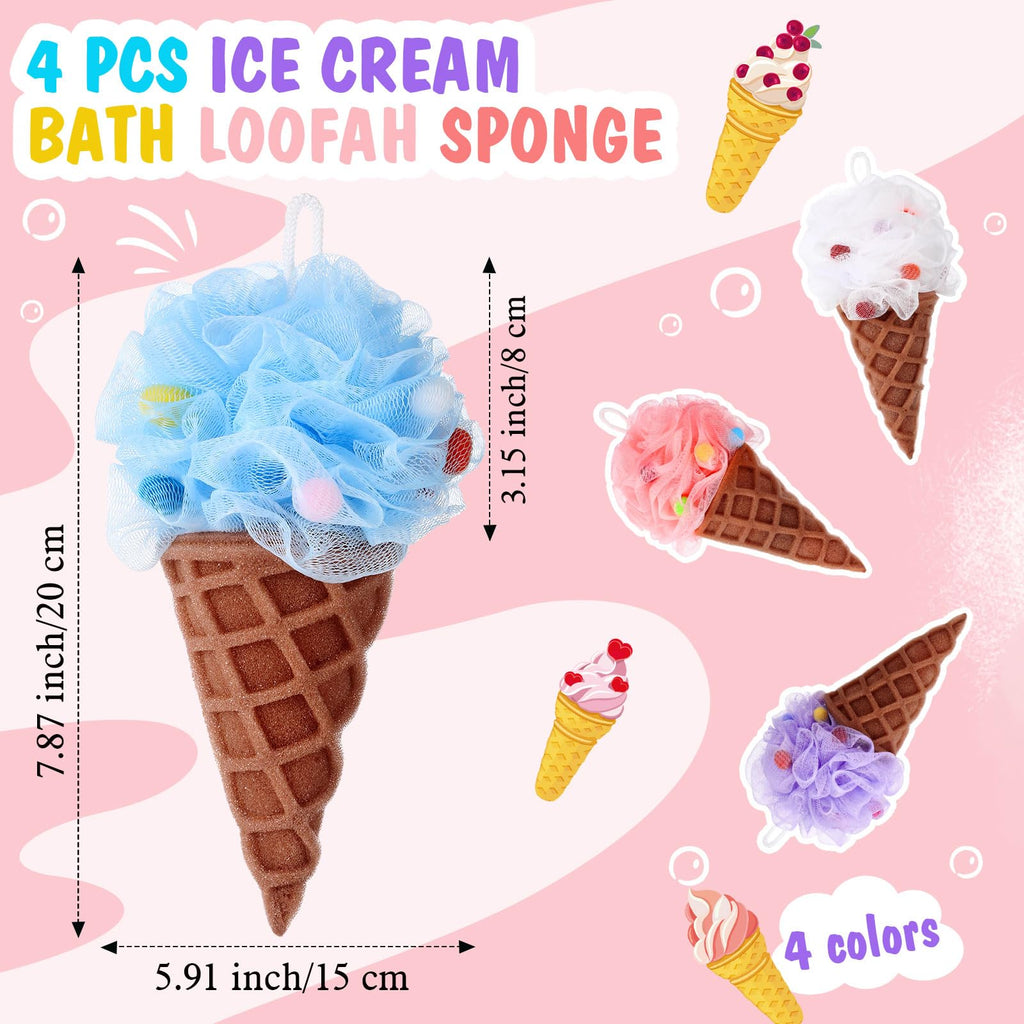 Reallnaive 4 Pcs Ice Cream Bath Loofah Sponge Cartoon Body Scrubber Loofah Soft Mesh Exfoliating Bath Scrubber Shower Ball for Shower Sponge Gifts Exchange Birthday Party
