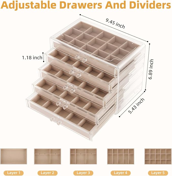 Jewelry Box Organizer,Clear Acrylic Storage Box Organizer with 5 Drawers