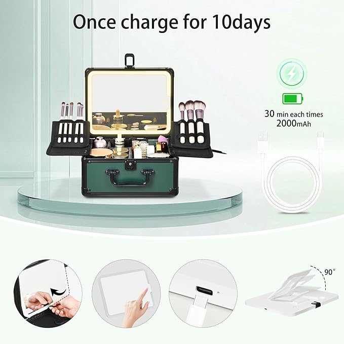 GALHUBIS Makeup Case with Lighted Mirror, Makeup Box Organizer with Detachable LED Mirror, Travel Makeup Train Case, Waterproof Cosmetic Organizer, Standing Makeup Brush Holder, Gift, Black Green