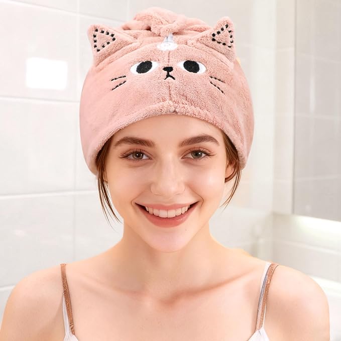 2Pack Microfiber Hair Towel Wrap for Kids, Cute Cat Absorbent Hair Drying Turbans Head Towels for Women Girls (Pink and Gray cat)