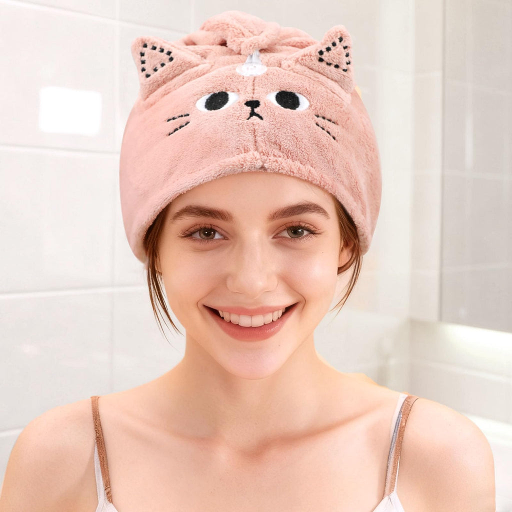 KIGOTWIN 2Pack Microfiber Hair Towel Wrap for Kids, Cute Cat Absorbent Hair Drying Turbans Head Towels for Women Girls (Pink and Gray cat)