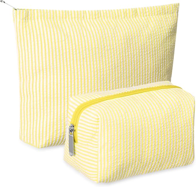 2 Pcs Makeup Bag Set Cute Cosmetic Pouch for Women Seersucker Travel Toiletry Bag Preppy Small Makeup Purse Pouch Aesthetic Skincare Brushes Storage Organizer for Valentine Women(Yellow)