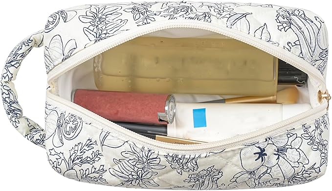 HHQQWZ Makeup Bag Travel Cosmetic Bag for Women, Zipper Make Up Pouch, Floral Flowers Toiletry Organizer Makeup with Handle, Cosmetic Travel Cloth Bag (Navy Blue Flower)