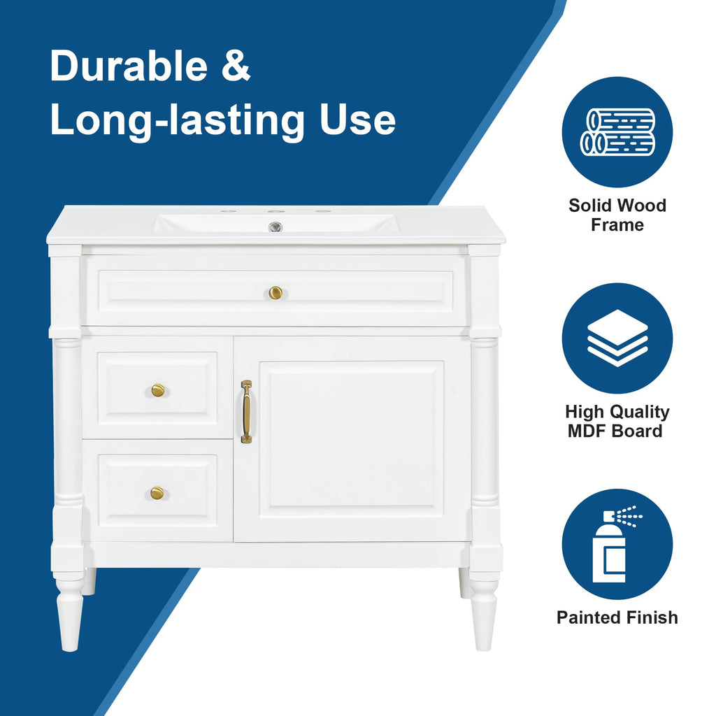 Harper & Bright Designs 36" Bathroom Vanity with Sink, Free Standing Bathroom Vanity Set with Flip Drawer, 2 Drawers, and Adjustable Shelf, Wood Storage Cabinet with Ceramic Basin for Bathroom, White