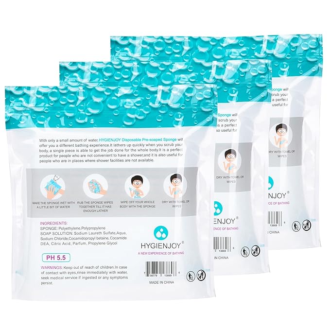 HYGIENJOY Skin Cleaning Wipe (75 Counts, 3 Packs) - Rinse Free Bathing Sponge for Adults, Extra Thick, No Residue, Hypoallergenic, Convenient for Elderly, Injured, Campers, Hikers