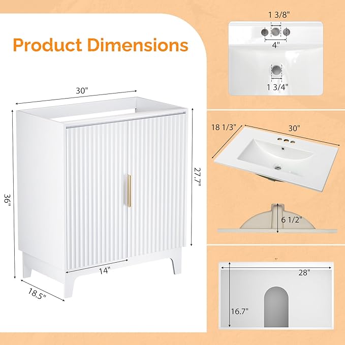 VINGLI 30 Inch Bathroom Vanity with Sink, Modern White Freestanding Cabinet with Ceramic Top, Fluted Soft-Close Doors & Gold Handles, U-Shape Storage for Small Bathroom