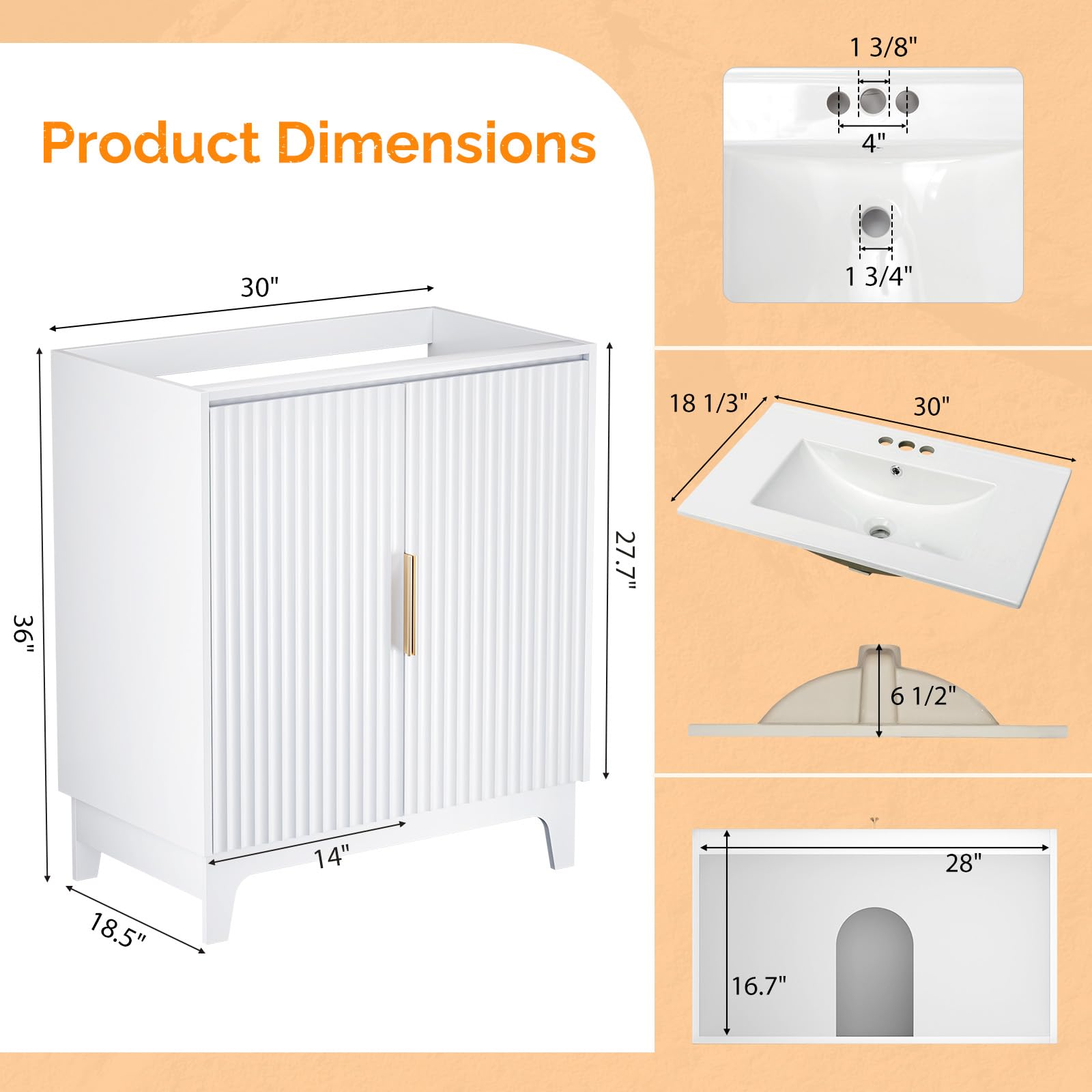 VINGLI 30 Inch Bathroom Vanity with Sink, Modern White Freestanding Cabinet with Ceramic Top, Fluted Soft-Close Doors & Gold Handles, U-Shape Storage for Small Bathroom