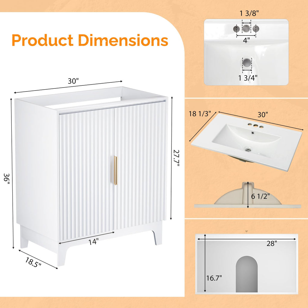 VINGLI 30 Inch Bathroom Vanity with Sink, Modern White Freestanding Cabinet with Ceramic Top, Fluted Soft-Close Doors & Gold Handles, U-Shape Storage for Small Bathroom