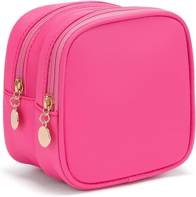 XIAOLER Small Makeup Pouch, Double Zipper Cosmetic Bag, Travel Makeup Bag, Cute Makeup Bag for Purse, Mini Toiletry Bag (Bubblegum)