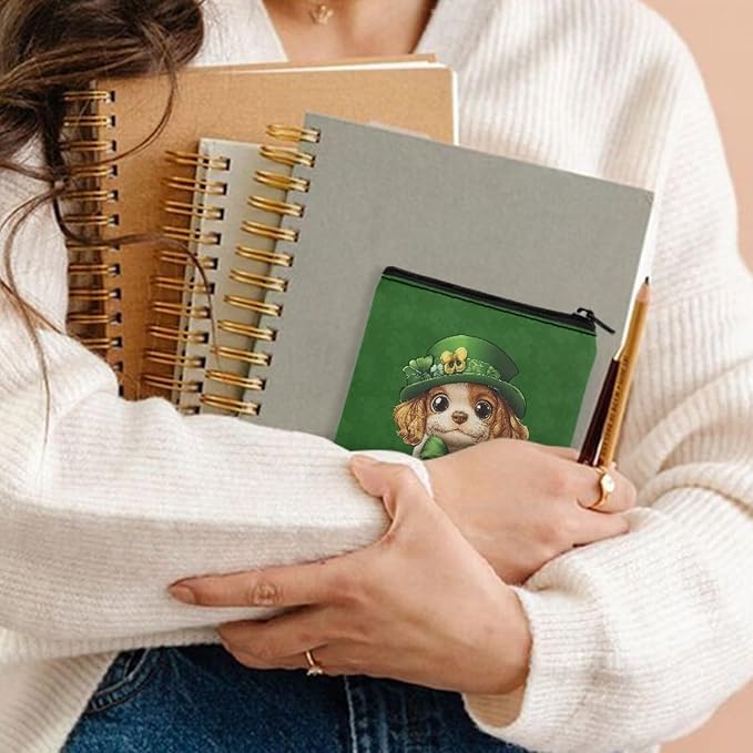 Spring Green Print Period Bag with Zipper Artsy Cute Dog Sanitary Napkin Storage Bag for Active Women Leak-Proof Menstrual Organizer for Sports & Outings