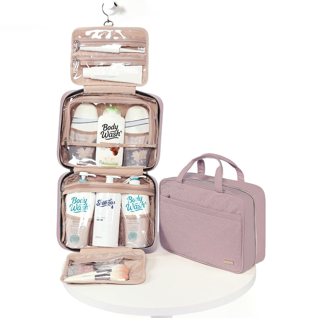 NISHEL Travel Toiletry Bag for women, Portable Hanging Organizer for Family-Sized Shampoo, Conditioner, Brushes Set, Makeup Accessories, Extra Large Size, Peach Pink