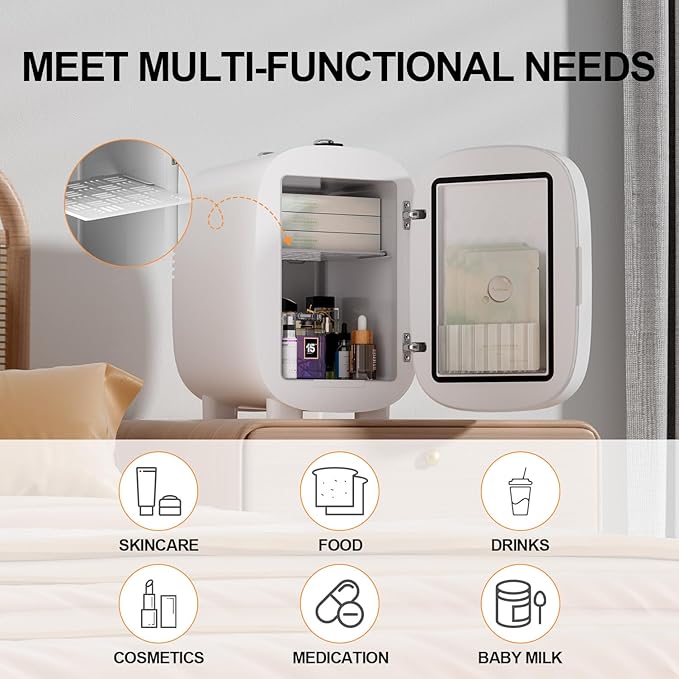LIGIANT Mini Fridge for Bedroom, 4L/6 Can Mini Makeup Fridge, Small Refrigerator w/3-Level Dimmable LED Light Mirror, Low Noise Fridge, Portable Thermoelectric Cooler&Warmer for Skincare