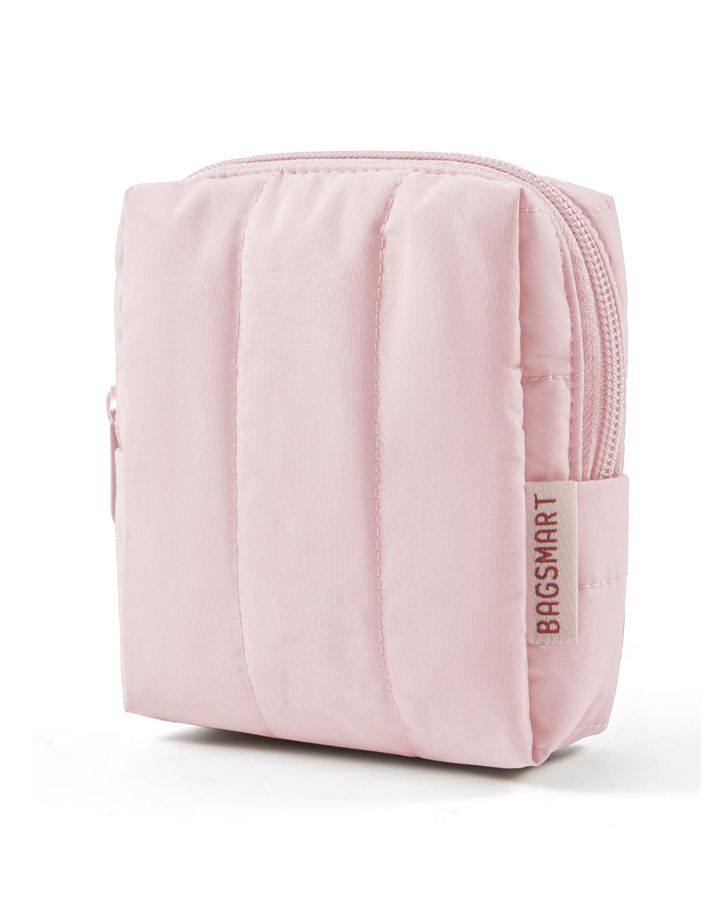 BAGSMART Small Travel Makeup Bag for Purse Toiletry Pouch, Puffy Padded Mini Cosmetics Bag, Cute Make Up Pouch for Women with Slip-in Pocket, Travel Essentials for Toiletries, Baby Pink