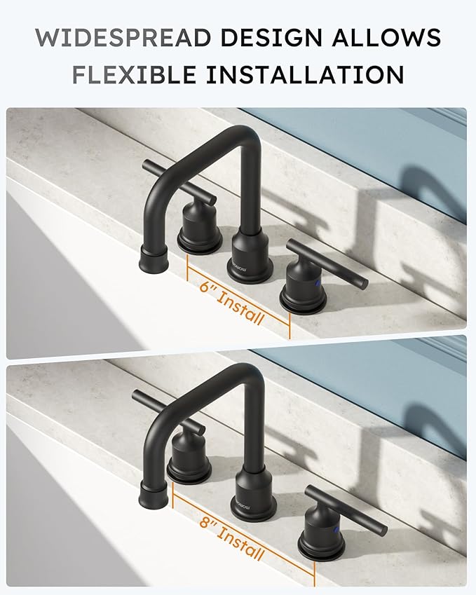 Black Bathroom Faucet 3 Holes, WOWOW Widepread Bathroom Sink Faucets 2 Handle, 8 Inch Vanity Tap with Drain and Supply liness Moddern