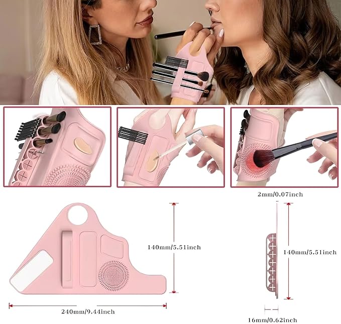 Ylapagne Makeup Mixing Palette Wristband, Silicone Makeup Brush Travel Case, Professional Cosmetic Display Cases Tools Strap for Pigment Makeup Art Nail Palette, Easy Cleaner(Pink)