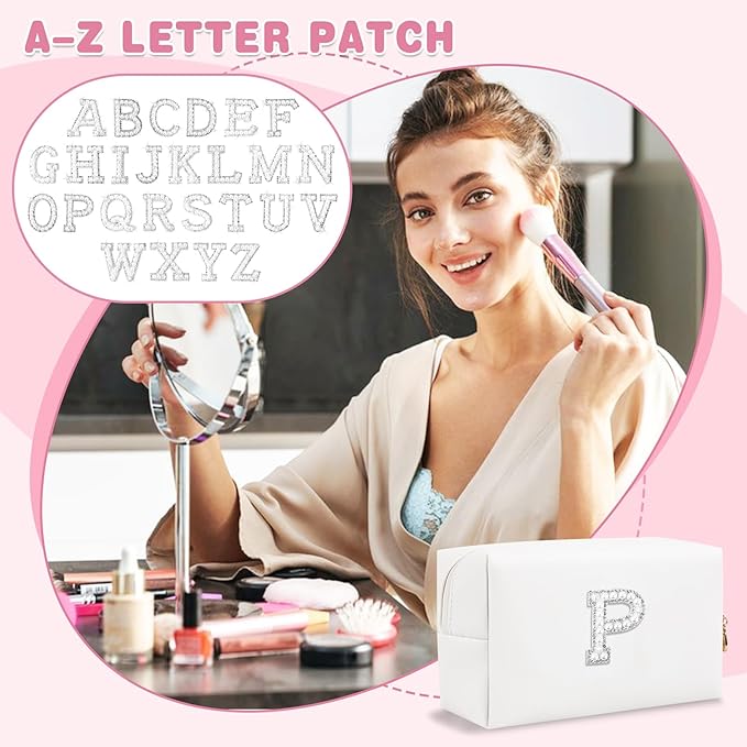 Bride Gifts – Personalized Initial Makeup Bag with Pearl Rhinestone Patch, Preppy White Monogram Cosmetic/Toiletry Pouch, bridesmaid Gifts, Bridal Shower Gifts, Wedding Gifts, Bridal Gifts,P