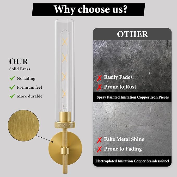 Brass Knurled Tube Wall Sconce - Set of 2 Luxury Modern Glass Sconces with Bulbs - Gold Dimmable Indoor Lighting - Vertical Mounted Light Fixture for Vanity Mirror Bathroom Bedroom Living Room Hallway