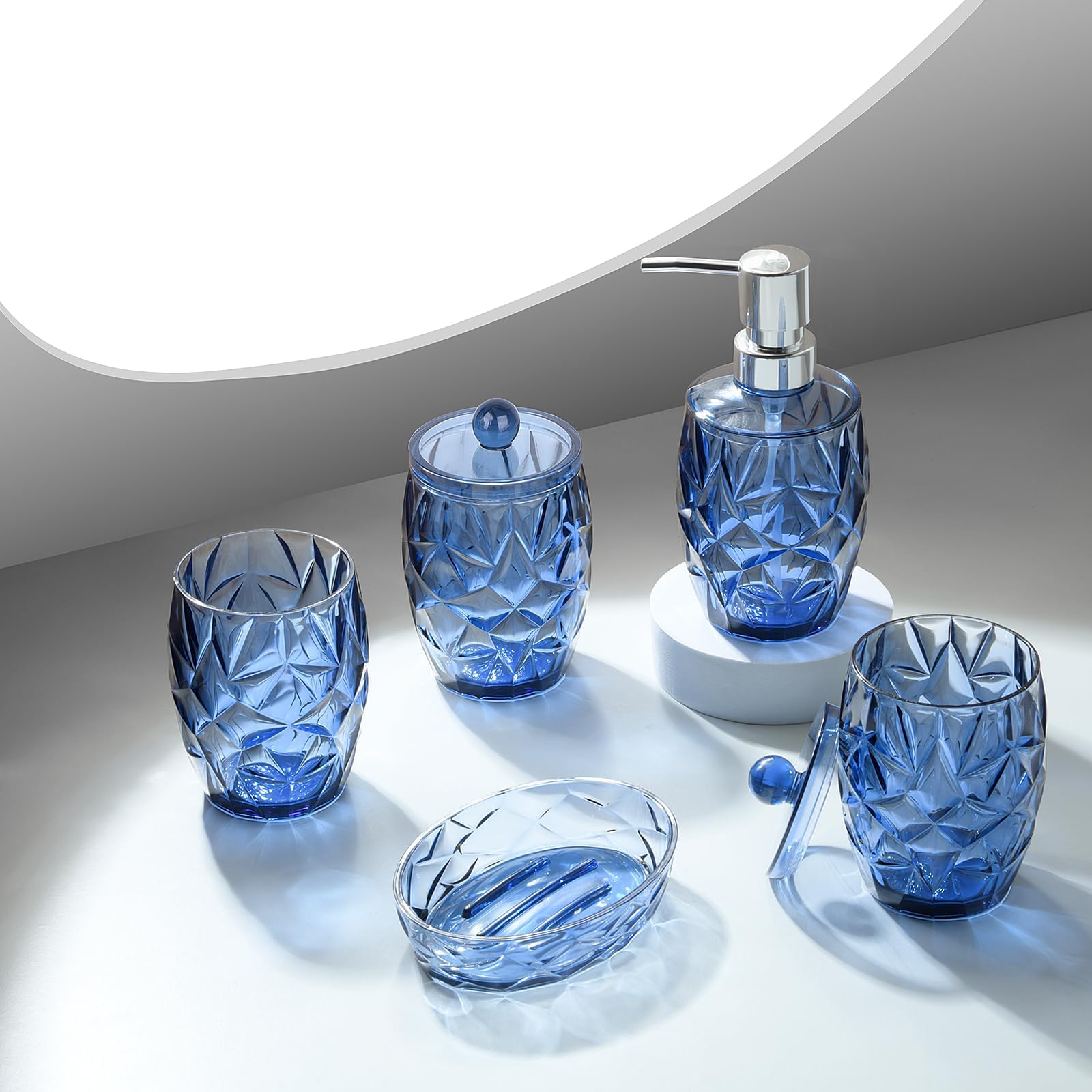 Modern Shatterproof Acrylic Cobalt Blue Bathroom Accessories Set – 5-Piece Glass-Free Vanity Set with Soap Dispenser, Toothbrush/Makeup Brush Holder, 2 Cotton Jars with Lids, and Soap Dish