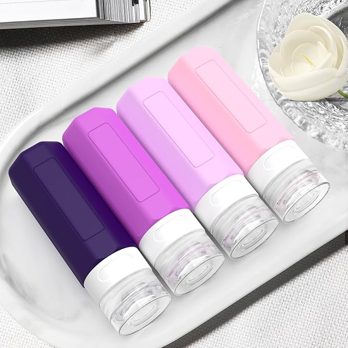 Redfly Travel Bottles for Toiletries, Tsa Approved 3oz Travel Size Containers, Leak Proof Travel Size Toiletries Bottles Silicone, BPA Free Refillable Shampoo Conditioners Essentials Kit, Purple