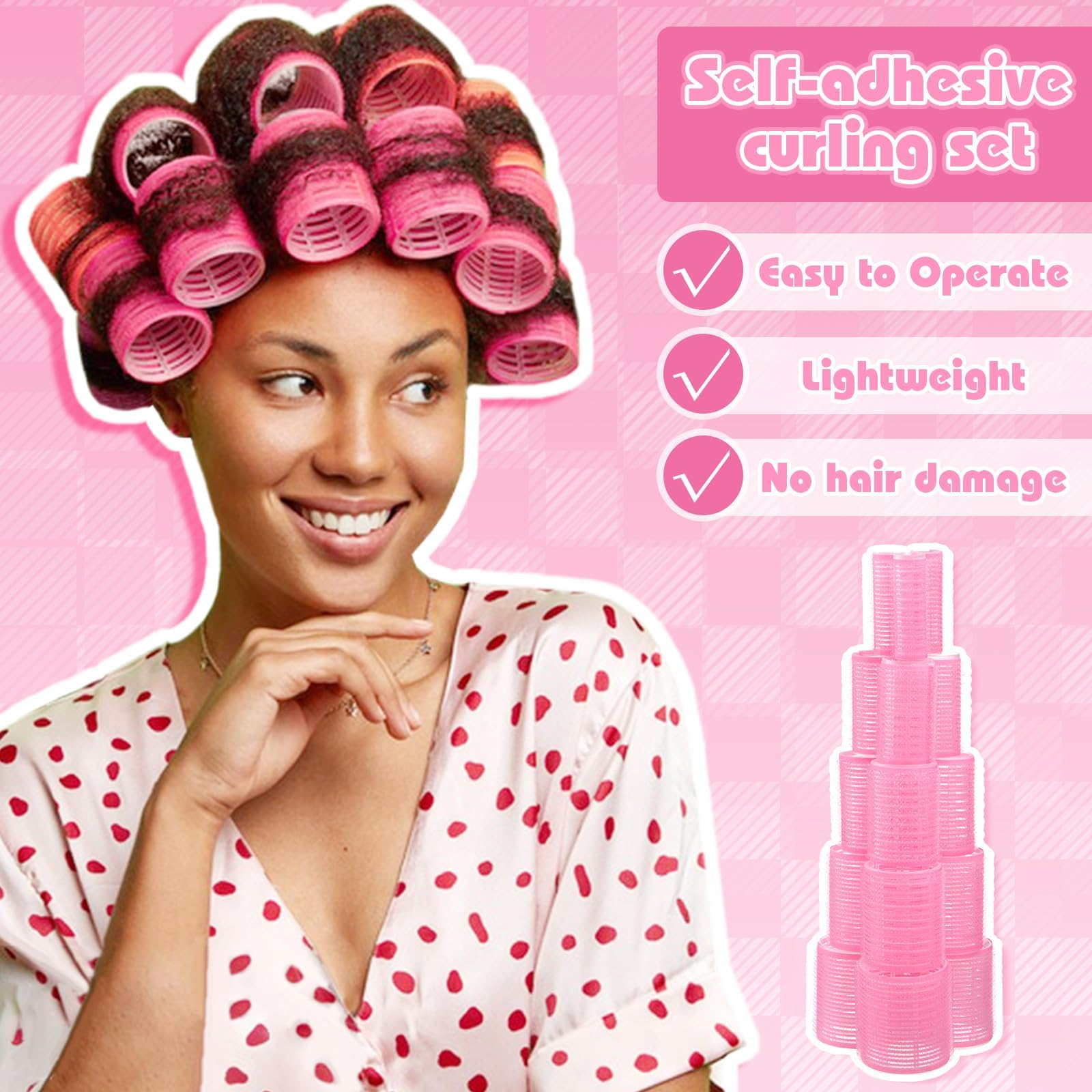 5 Sizes Self Grip Hair Rollers Set, 64 Pcs Rollers Hair Curlers with Clips Comb for Long Medium Short Hair (60 48 40 32 20mm), Pink